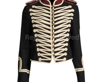 Zwart militair Hussar-jack | Witte gevlochten paradejas | Cosplay-banduniform | Retro kostuumjasje