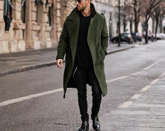 Olijfgroene wollen jas heren – lange wintertrenchcoat – klassieke double-breasted jas