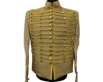 Beige legerjack Hussar | Goudgevlochten kostuumjas | Vintage herentuniek | Steampunk- en cosplayjasje
