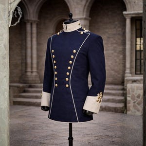 Puede incluir: Chaqueta azul marino de estilo militar con botones dorados y ribete blanco. La chaqueta tiene cuello alto y puños blancos. La prenda se exhibe en un maniquí negro. Es una prenda formal.