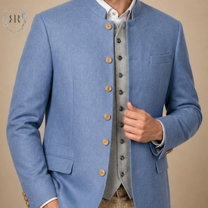 Mens Bavarian Blue Alpine Jacket | Trachten Wool Blazer | Oktoberfest Outfit Men | Lederhosen Jacket