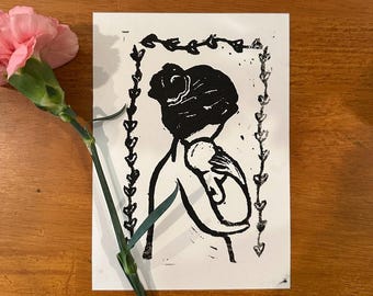 Hand-Printed Linocut Art Print | Mother Baby Embrace, Nursery Wall Art (5x7)