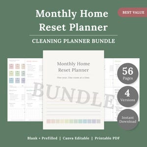 Monthly Home Reset Planner Bundle | Canva Editable Cleaning Checklist (Printable PDF Included) |Room-by-room Cleaning System