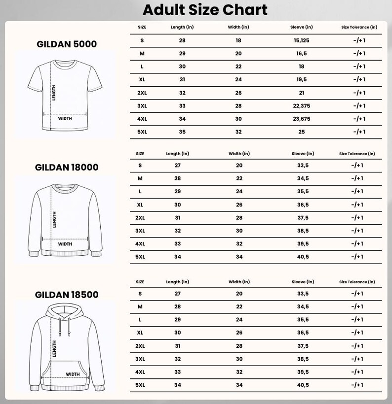 May include: An adult size chart for Gildan 5000, 18000, and 18500 apparel. The chart displays line drawings of a t-shirt, sweatshirt, and hoodie with length and width indicators. Tables provide measurements in inches for sizes S through 5XL.