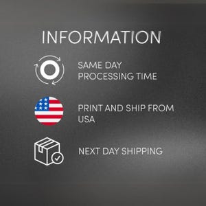 May include: A dark gray informational graphic featuring the word INFORMATION in white text. Three icons are displayed: a circular arrow symbol next to SAME DAY PROCESSING TIME, a USA flag circle next to PRINT AND SHIP FROM USA, and a box with a checkmark next to NEXT DAY SHIPPING.