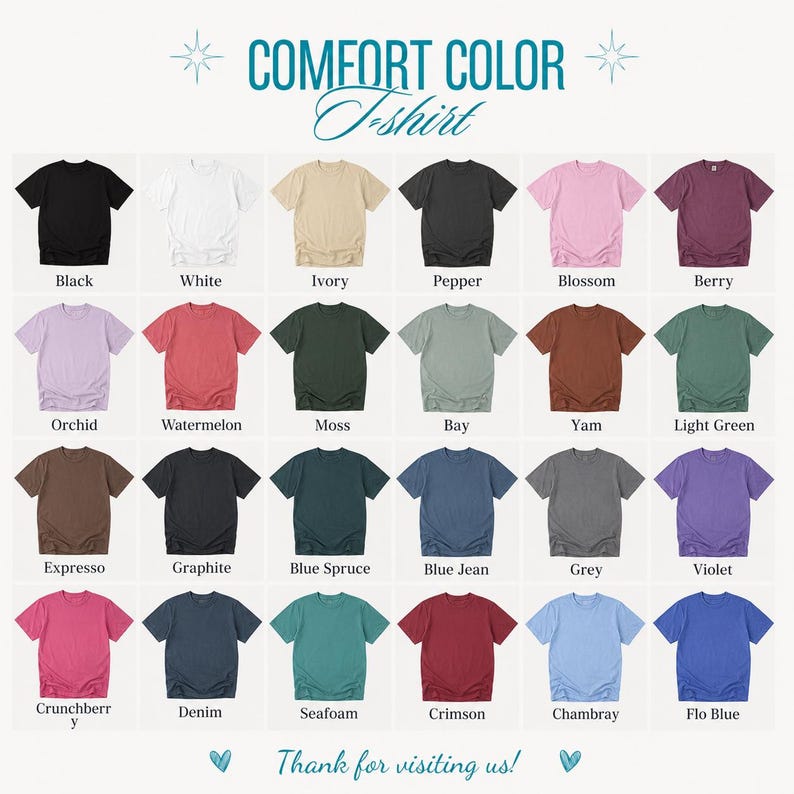 Op de afbeelding: Een kleurenkaart voor Comfort Color t-shirts met vierentwintig t-shirts met korte mouwen in verschillende kleuren, waaronder zwart, wit, ivoor, peper, bloesem, bes, orchidee, watermeloen, mos, baai, yam, lichtgroen, expresso, grafiet, blauwspar, spijkerblauw, grijs, violet, crunchberry, denim, zeeschuim, karmozijnrood, chambray en flo-blauw.
