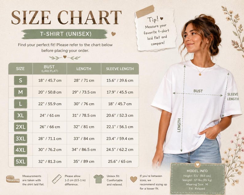 Pu&ograve; includere: Una tabella delle taglie per t-shirt unisex con colonne per taglia, busto, lunghezza e lunghezza manica in pollici e centimetri. La tabella include un diagramma di una t-shirt bianca con frecce che indicano i punti di misurazione e info modello.
