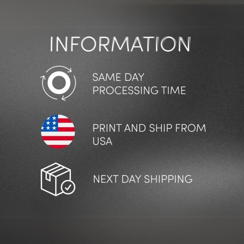 May include: A dark gray informational graphic featuring the word INFORMATION in white text. Three icons are displayed: a circular arrow symbol next to SAME DAY PROCESSING TIME, a USA flag circle next to PRINT AND SHIP FROM USA, and a box with a checkmark next to NEXT DAY SHIPPING.