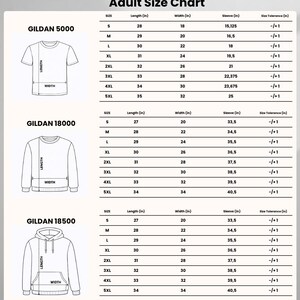 May include: An adult size chart for Gildan 5000, 18000, and 18500 apparel. The chart displays line drawings of a t-shirt, sweatshirt, and hoodie with length and width indicators. Tables provide measurements in inches for sizes S through 5XL.