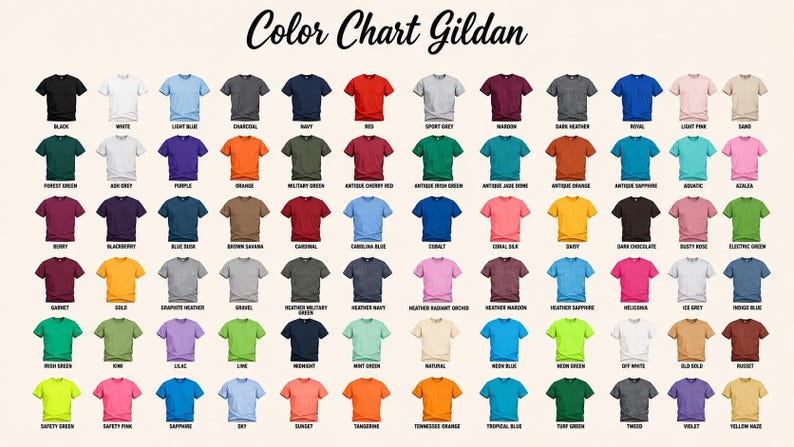 May include: A Gildan color chart displaying a grid of short-sleeve t-shirts in various colors. Each shirt is labeled with its specific color name, including black, white, red, blue, green, yellow, pink, purple, orange, and various heather tones.