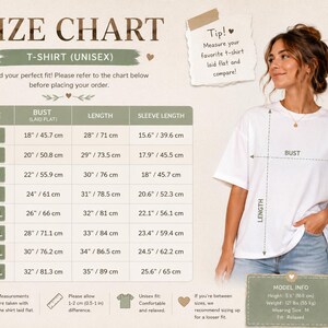 May include: A size chart for a unisex t-shirt featuring a table with measurements in inches and centimeters for sizes S through 5XL. The chart includes columns for bust, length, and sleeve length, alongside a visual guide showing how to measure.