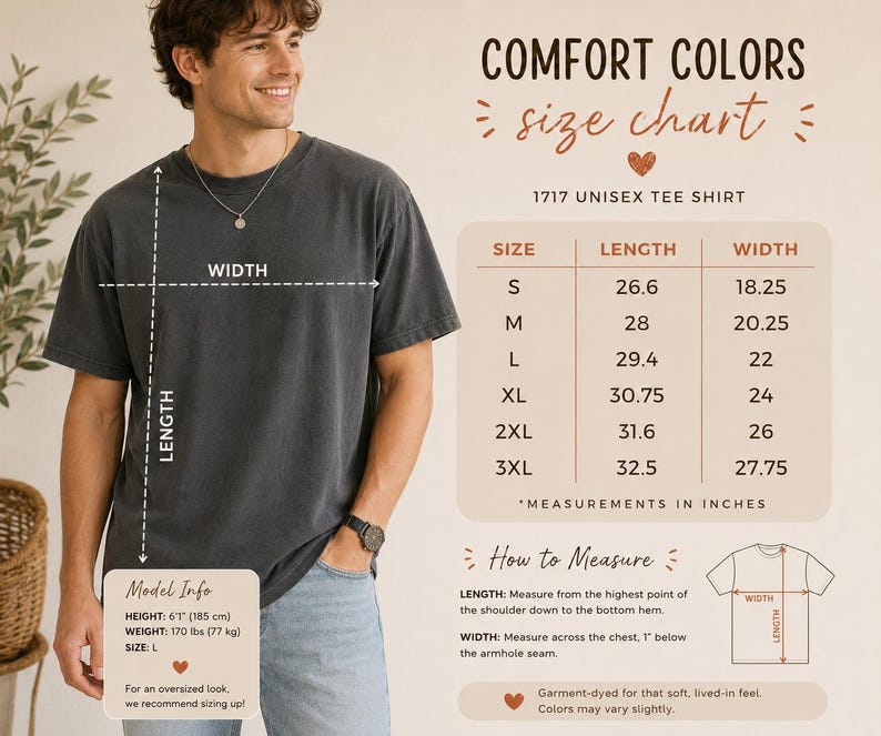 May include: A charcoal gray short-sleeve t-shirt with a size chart displaying measurements in inches for sizes S through 3XL. The chart includes length and width dimensions, model information, and instructions on how to measure the garment.
