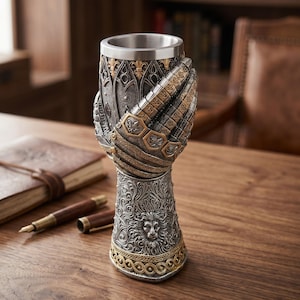 May include: A decorative goblet featuring a metallic silver and gold finish. The exterior displays a sculpted armored gauntlet gripping the cup, with a lion head relief on the base and intricate fleur-de-lis patterns around the upper rim.