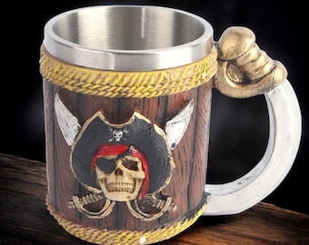 Pirate Skull Tankard | Sword Handle Wooden Mug | Stainless Steel Liner