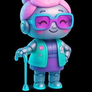 Può includere: Una stravagante figura robotica di una donna anziana sorridente con capelli rosa, occhiali e un gilet turchese. Tiene un bastone turchese e indossa un vestito viola. La figura ha un design futuristico con un effetto luminoso.