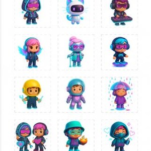 May include: A collection of 12 Neon Cyber Chibi characters, each in a unique futuristic outfit. The characters are in various poses, with vibrant colors and accessories. The text "NEON CYBER CHIBI COLLECTION" and "FULL 12-PACK COLLECTION" are displayed.