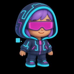 Puede incluir: Una figura renderizada en 3D de una persona que lleva una sudadera con capucha azul oscuro con detalles en azul neón y rosa. La figura tiene el pelo morado y lleva gafas rosas. La figura lleva pantalones y zapatos azul oscuro a juego. El fondo es negro.