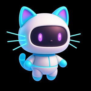 Peut inclure: Un chat robot de dessin animé en 3D avec un corps blanc, des bordures bleues et un visage noir. Le chat a des oreilles bleues avec l'intérieur violet et des moustaches bleues lumineuses. Les yeux sont ovales et violets. Le fond est noir.