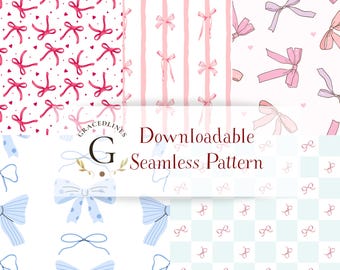 May include: A collection of seamless patterns featuring bows in various styles and colors. The patterns include pink bows with hearts, pink striped bows, and blue polka dot bows. The text "Downloadable Seamless Pattern" is also visible.