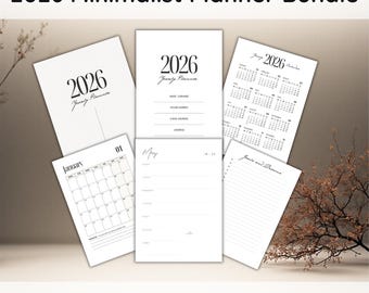 May include: A minimalist planner bundle for 2026. The bundle includes several white pages with black text, featuring yearly, monthly, and daily planning layouts. The text "2026 Minimalist Planner Bundle" is at the top. The bundle includes 94 pages.