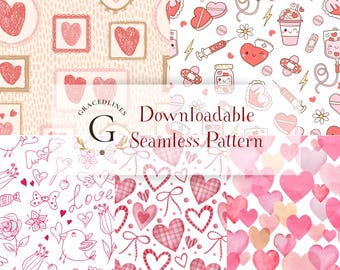 May include: A collection of downloadable seamless patterns featuring various Valentine's Day and love-themed designs. The patterns include hearts, frames, medical-themed illustrations, and floral elements in shades of pink and red. The text "Downloadable Seamless Pattern" is also visible.