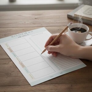 May include: A person writing on a meal planning notepad with the text "WAS KOCHE ICH HEUTE?" next to a cup of coffee. The notepad has a light blue border and is on a wooden surface.