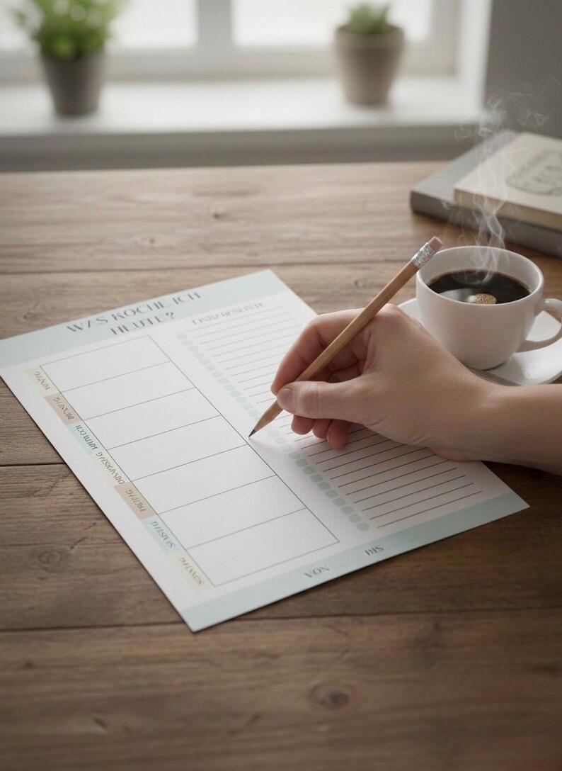 May include: A person writing on a meal planning notepad with the text "WAS KOCHE ICH HEUTE?" next to a cup of coffee. The notepad has a light blue border and is on a wooden surface.