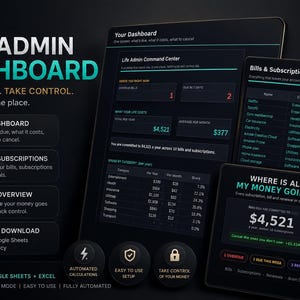 May include: A digital life admin dashboard template featuring a dark mode interface with teal and white text. The layout includes sections for bills, subscriptions, and financial tracking, with labels such as Life Admin Command Center and Where Is All My Money Going? displayed on screen.
