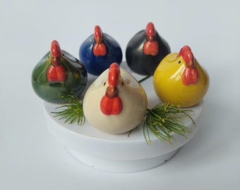 Ceramic Chicken Figurines (Set of 5) – Handmade Mini Decor - Colorful Tiny Chicken