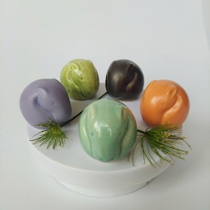 May include: A collection of six small, rounded ceramic objects in various colors, including purple, green, brown, and orange. They are arranged on a white, circular platform, with sprigs of greenery adding a natural touch. The objects have a smooth, glossy finish.