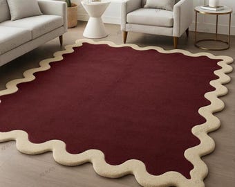 Alfombra moderna de lana orgánica con bordes festoneados, alfombra tejida a mano, alfombra de lujo de forma irregular, regalo de decoración contemporánea para la sala de estar