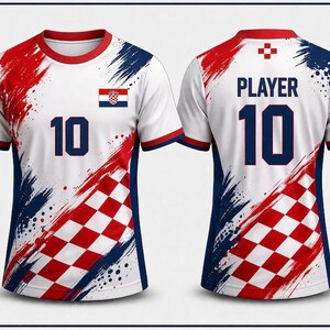 Pu&ograve; includere: Maglia da calcio bianca con design a pennellate rosse e blu. Presenta il numero 10 in blu navy, la bandiera croata e un motivo a scacchi rossi e bianchi. Il retro della maglia dice "GIOCATORE" e ha anche il numero 10.