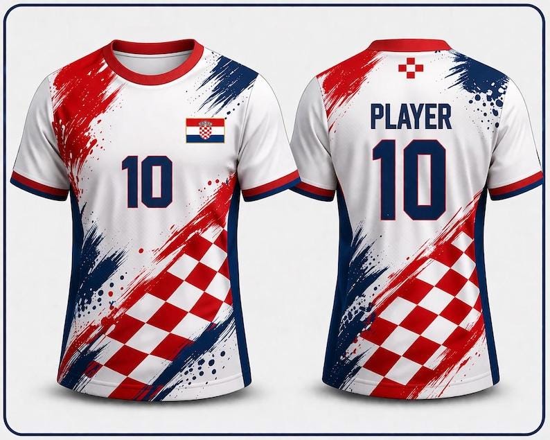 Pu&ograve; includere: Maglia da calcio bianca con design a pennellate rosse e blu. Presenta il numero 10 in blu navy, la bandiera croata e un motivo a scacchi rossi e bianchi. Il retro della maglia dice "GIOCATORE" e ha anche il numero 10.