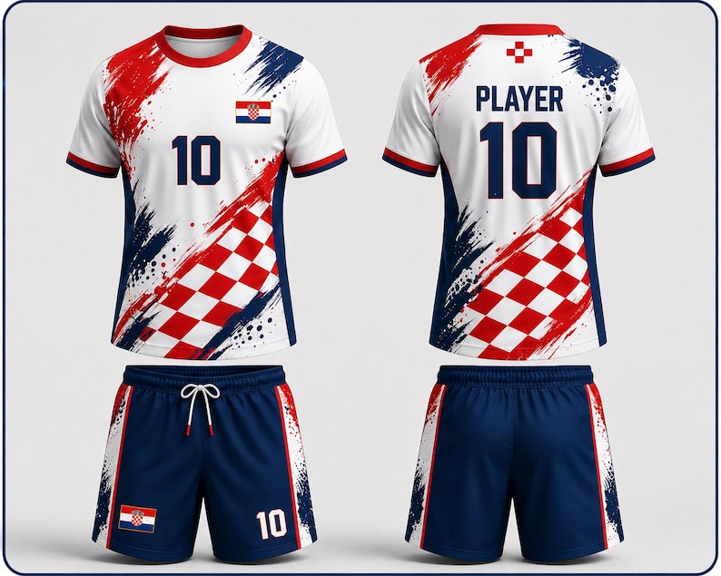 Pu&ograve; includere: Un completo da calcio bianco con dettagli rossi e blu. La maglia presenta il numero 10, una bandiera croata e un motivo a scacchi rossi e bianchi. I pantaloncini sono blu navy con strisce bianche e il numero 10.