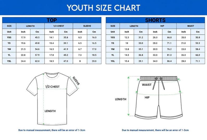 Pu&ograve; includere: Una tabella delle taglie per bambini con misure per top e pantaloncini. La tabella include le taglie YXS a YXL, con misure in pollici e centimetri per lunghezza, mezza circonferenza torace, manica, fianchi e vita. Sono inclusi anche diagrammi di una maglietta e pantaloncini.