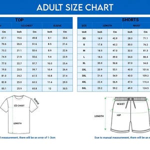 Pu&ograve; includere: Tabella delle taglie per adulti con misure per top e pantaloncini. La tabella include taglie dalla XS alla 5XL, con misure in pollici e centimetri per lunghezza, petto, manica, vita e fianchi. Diagrammi di una maglietta e pantaloncini.