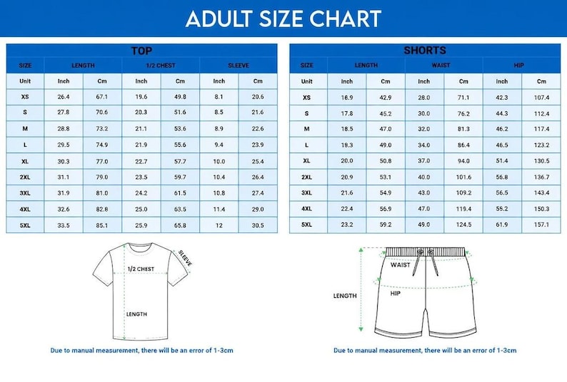 Pu&ograve; includere: Tabella delle taglie per adulti con misure per top e pantaloncini. La tabella include taglie dalla XS alla 5XL, con misure in pollici e centimetri per lunghezza, petto, manica, vita e fianchi. Diagrammi di una maglietta e pantaloncini.
