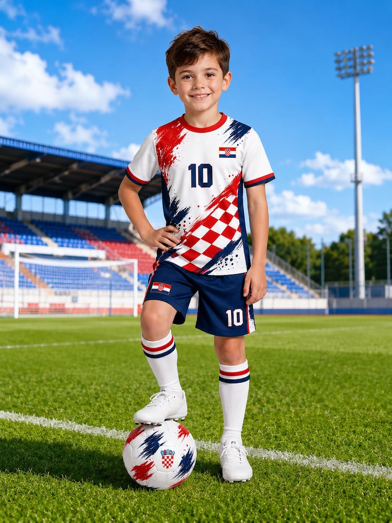 Pu&ograve; includere: Un bambino con una divisa da calcio croata, in piedi su un pallone da calcio su un campo verde. La maglia bianca ha dettagli rossi e blu, il numero 10 e la bandiera croata. Anche i pantaloncini blu navy hanno il numero 10.