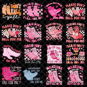 Op de afbeelding: Een verzameling grafische ontwerpen met cartoon sokken met verschillende zinnen zoals "Please Don't Fall For Me" en "Whatever You Do, Don't Fall For Me". De ontwerpen gebruiken roze, oranje en blauw op een zwarte achtergrond.