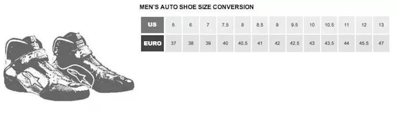 K&ouml;nnte beinhalten: Schwarz-Wei&szlig;-Illustration von Auto-Rennschuhen. Eine Schuhgr&ouml;&szlig;entabelle wird angezeigt, die US-Gr&ouml;&szlig;en von 5 bis 13 und entsprechende Euro-Gr&ouml;&szlig;en von 37 bis 47 zeigt.