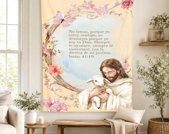 Spanish Isaiah 41:10 Tapestry, Jesus With Lamb Christian Wall Hanging, Floral Bible Verse Decor, Regalo Cristiano Para Mujer, Religious Gift