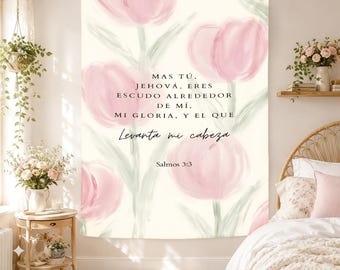 Salmos 3:3 Tapestry, Spanish Bible Verse Wall Hanging, Pink Tulip Christian Decor, Psalm Scripture Art, Faith Gift, Religious Decor