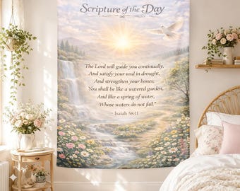 Scripture Of The Day Tapestry, Isaiah 58:11 Wall Hanging, Waterfall Bible Verse Decor, Christian Gift, Peaceful Faith Art, Cottagecore Art