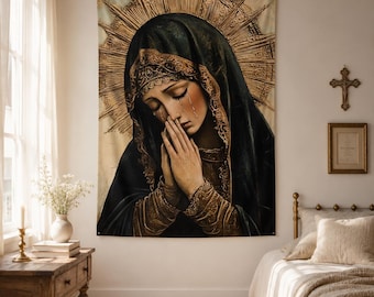 Our Lady of Sorrows Tapestry, Weeping Virgin Mary Gothic Wall Hanging, Catholic Religious Decor, Christian Prayer Gift for Sacred Home Altar