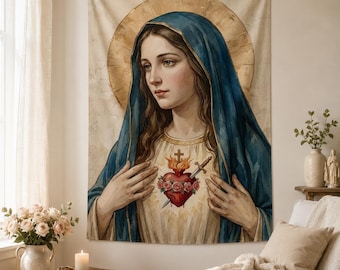 Sacred Heart Virgin Mary Tapestry, Blue Catholic Wall Hanging with Roses and Sword, Christian Prayer Room Decor and Religious Gift for Home