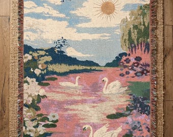Sunset Swan Woven Blanket, Pink Blue Nature Tapestry Sofa Throw