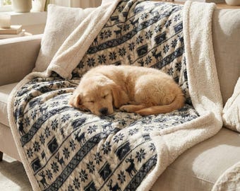 Reindeer Fair Isle Pattern Sherpa Fleece Blanket | Nordic Snowflake Cozy Throw, Printed Knit Pattern