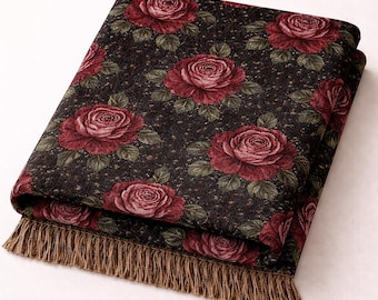 Dark Cottagecore Moody Rose Botanical Woven Blanket | Gothic Floral Tapestry
