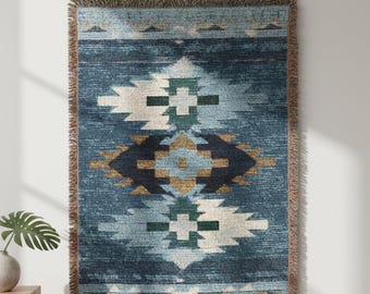 Southwestern Geometric Woven Blanket, Desert Modern Throw | Fringed Cotton Bedspread