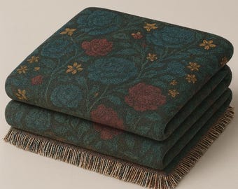 Boho Woven Floral Tapestry Throw Blanket | Dark Teal Burgundy Rose Fringe